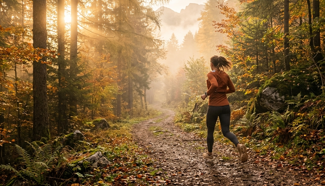 Läufer auf einem herbstlichen Waldweg in Österreich